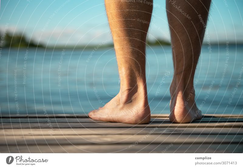 Man standing barefoot on a wooden walkway Healthy Health care Alternative medicine Athletic Wellness Well-being Relaxation Spa Sauna Swimming & Bathing Summer