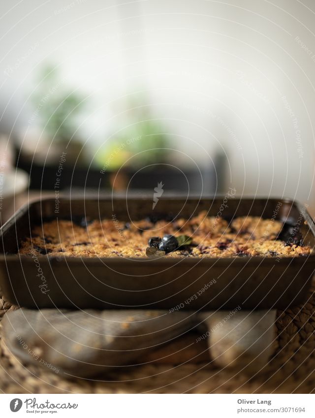 Blueberry Crumble Portrait Food Fruit Dough Baked goods Cake Candy Eating Dinner Vegetarian diet Crockery Bowl Container Wood Metal Feeding Delicious Rich Juicy