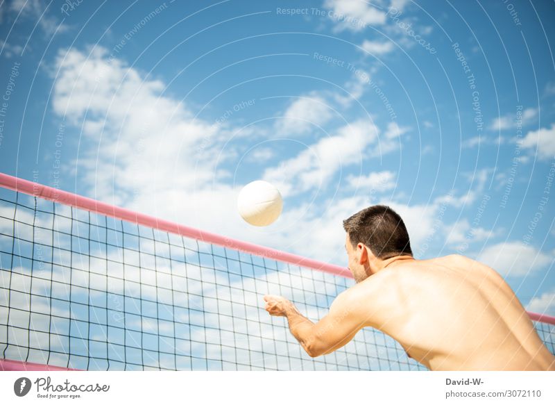 Man plays beach volleyball - ball just before impact Volleyball Volleyball net out Sports Athletic sports activity Sportsperson Sky Net Clouds being out