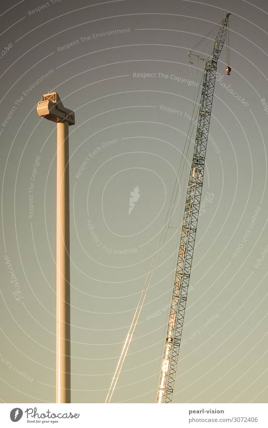 erect Technology Wind energy plant Crane Build Large Tall Colour photo Exterior shot Morning