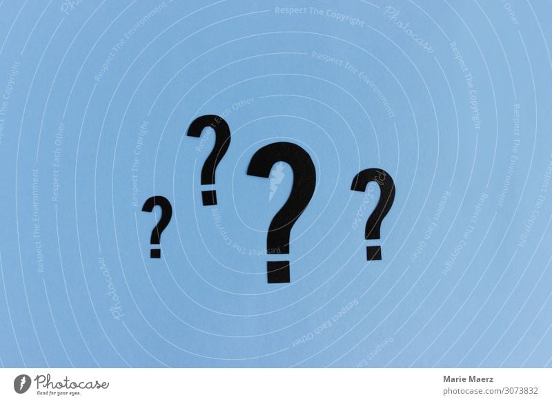 Many questions open | 4 question marks in different sizes Science & Research Academic studies Sign Blue Ask Advice Colour photo Abstract Studio shot