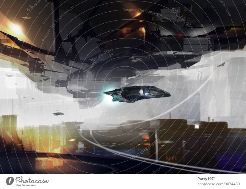 Spaceships glide through a futuristic, urban cityscape. Abstract science fiction illustration. Technology Advancement Future High-tech Aviation Astronautics