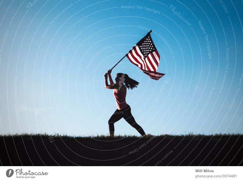 Woman Holding American Flag Hill Silhouette Patriotism Stand Walking To go for a walk Power Might Force Powerful Minimal