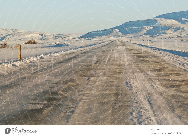 straight ahead Environment Landscape Winter Climate change Beautiful weather Snow Island Iceland Deserted Traffic infrastructure Street Right ahead