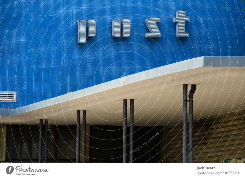 Post 60 Mail Post office Architecture Sixties GDR Post-war modernism Facade Canopy Name Word Exceptional Original Retro Blue Esthetic Design Competent Network
