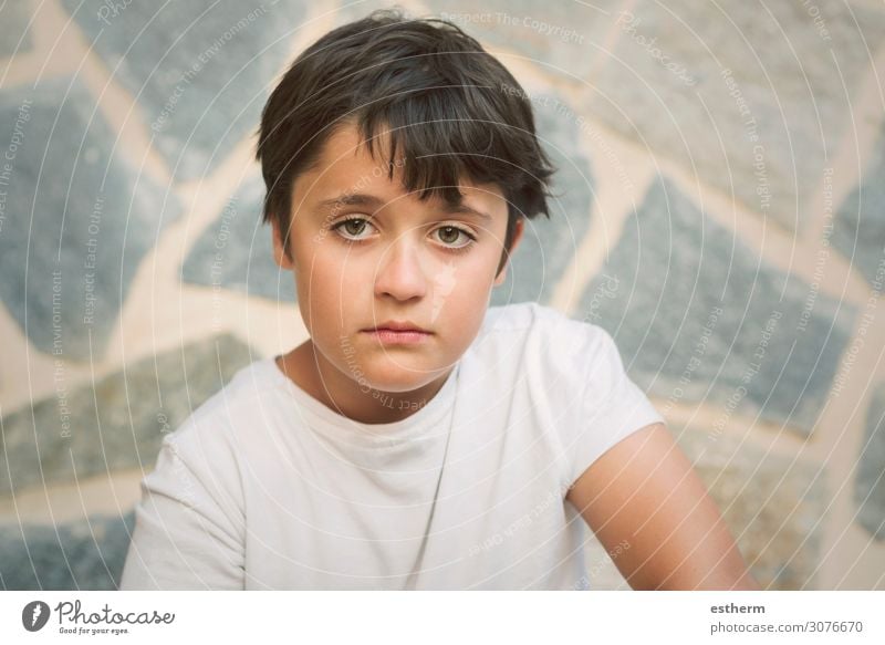 Portrait of sad little boy Human being Masculine Boy (child) Infancy 1 8 - 13 years Child Think Fitness Sadness Gloomy Anger Emotions Moody Boredom Longing