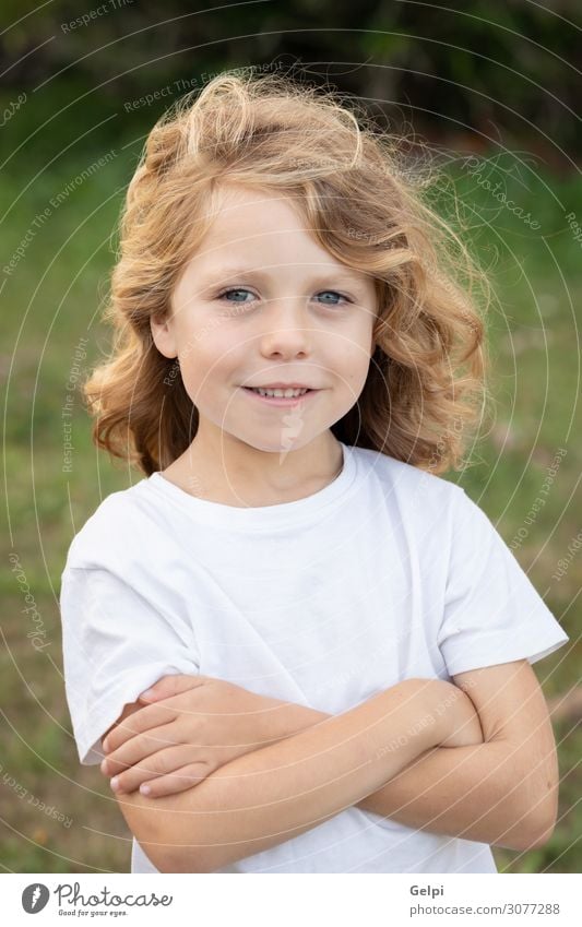 Funny blond kid with long hair Lifestyle Joy Happy Beautiful Playing Summer Child Human being Baby Boy (child) Infancy Nature Grass Park Meadow Playground