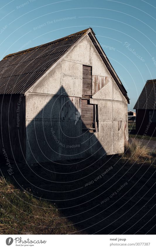 Danish geometry - II Denmark Fishing village Deserted Hut Wall (barrier) Wall (building) Facade Wood Old Uniqueness Maritime Natural Blue Brown Serene Calm