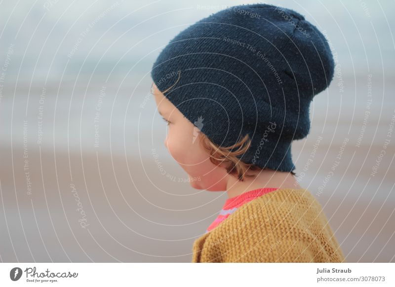 Girl cap beach Feminine Toddler 1 Human being 3 - 8 years Child Infancy Summer Wind Beach Cardigan mustard colours Cap Brunette Short-haired Looking Calm Blue