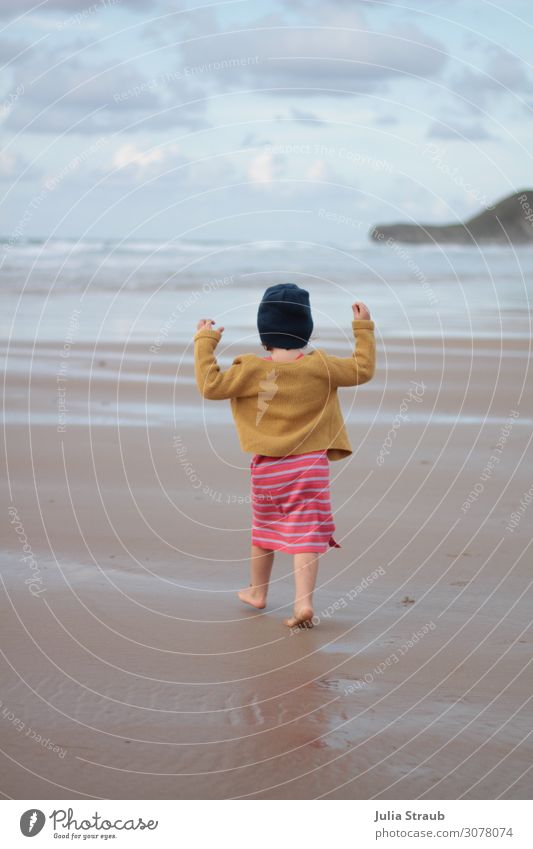 beach run juhu girl Feminine Toddler Girl 1 Human being 3 - 8 years Child Infancy Nature Sand Water Clouds Summer Wind Waves Coast Beach Dress Jacket Cap