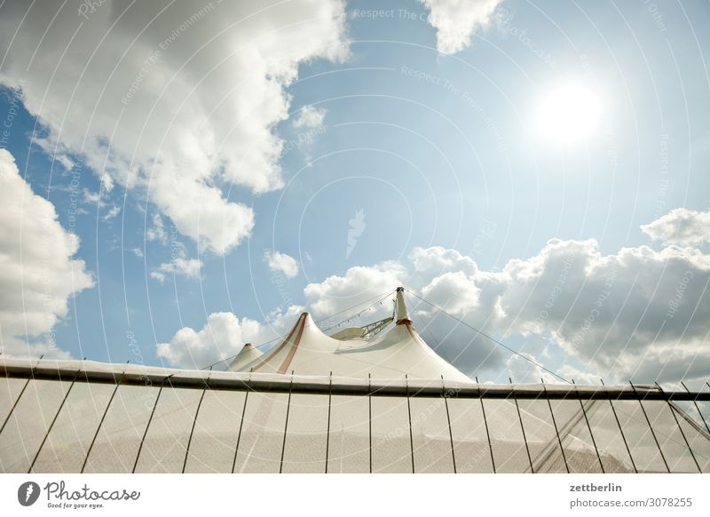 Circus again Sky Heaven Culture Deserted Summer Copy Space Shows Fence Tent Circus tent Circus ring Clouds Weather Worm's-eye view Sun Back-light Dazzle Flashy