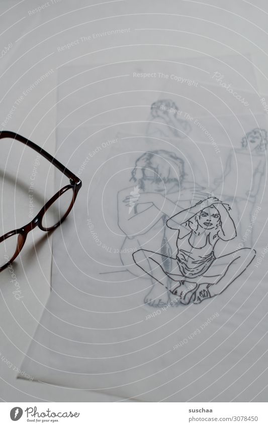 traced only (5) Drawing Earmarked initialed Art Artist Translucent Transparent Woman Sit Paper overlying Multicoloured line drawing Portrait photograph Media