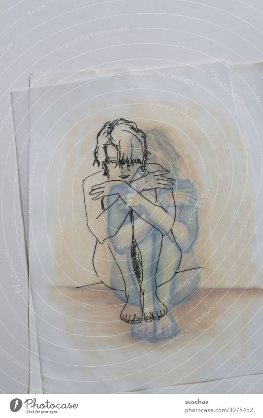 traced only Drawing Earmarked Painting (action, artwork) initialed Art Artist Translucent Transparent Woman Sit Paper overlying colored line drawing