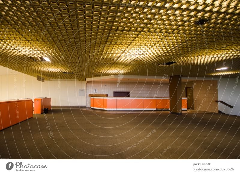 Lobby Interior design Services Architecture Airport Berlin-Tempelhof Building Foyer Disk Carpet Counter Network Illuminate Free Large Retro Brown Moody Calm