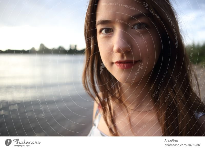 Portrait of a young woman on the banks of the Rhine Joy Beautiful Life Harmonious Summer Summer vacation River Young woman Youth (Young adults) 18 - 30 years