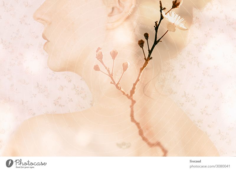 portrait of woman with double exposure on blooming branches Roll Lifestyle Relaxation Human being Feminine Woman Adults Female senior Arm 1 45 - 60 years Spring