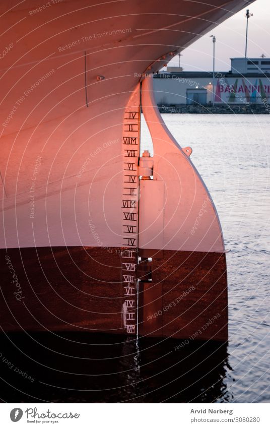 Large boat rudder with numbers for water depth Corrosion Detail Dock Drive Engines fish Harbour high Hull Iron great figures Old Propeller Red Oar Rust roasted