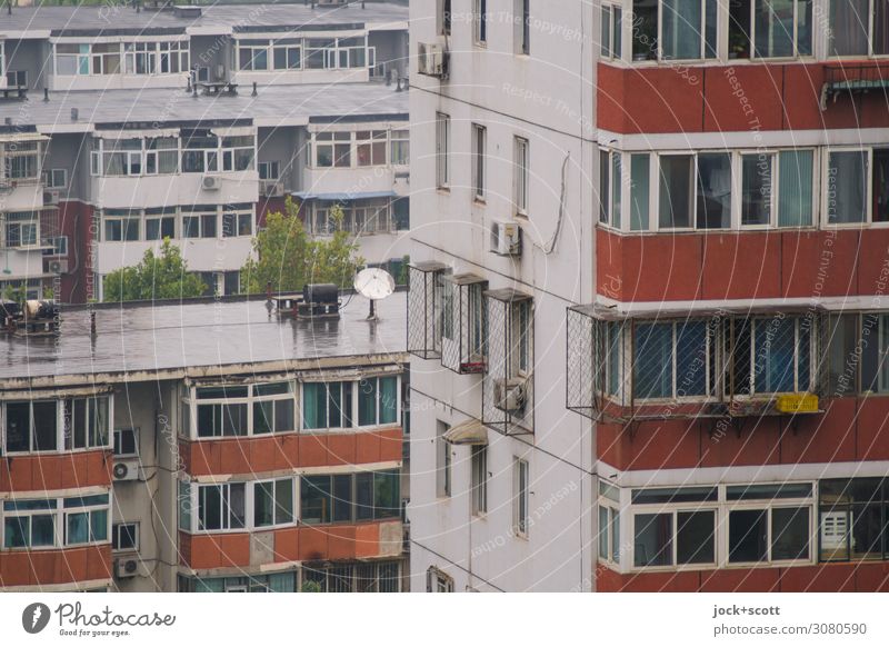 Beijing district Bad weather Town house (City: Block of flats) Prefab construction Tower block Facade Window Concrete Authentic Retro Gloomy Moody Protection