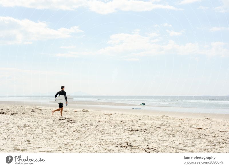 Sandy beach with surfer New Zealand Beach sunshine Beach vacation bathing weather Ocean Summer vacation Vacation & Travel Relaxation Nature Beautiful weather