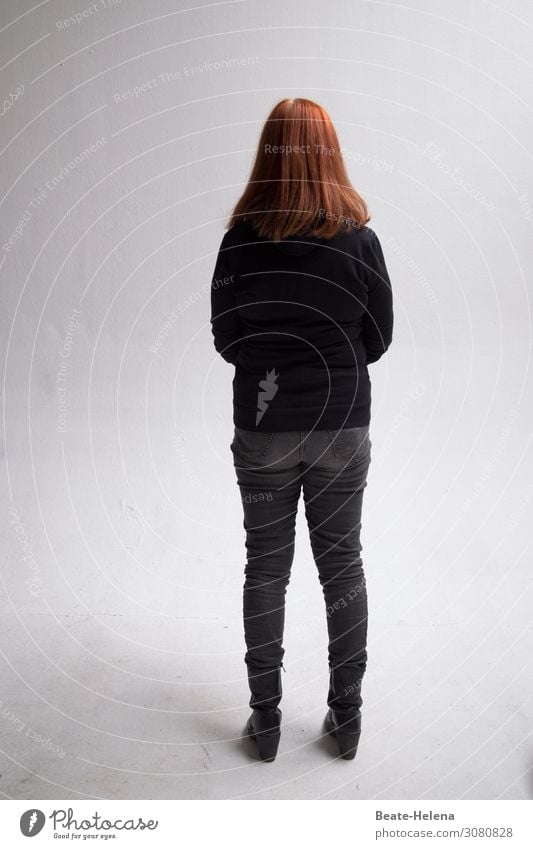 Woman from behind, staring into space dressed in black Red-haired View into the empty space Looking back Adults Feminine Young woman Perplexity