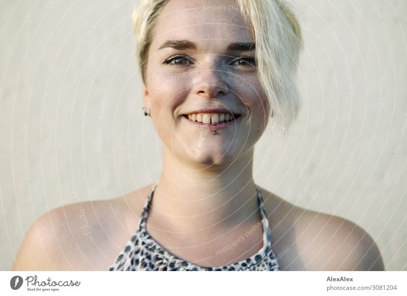 Portrait of young smiling woman with freckles and dimples Style Joy pretty Life Well-being Young woman Youth (Young adults) dimpled chin Freckles 18 - 30 years