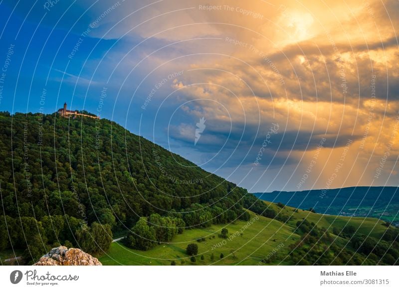 Teck Castle Tourism Trip Landscape Sky Clouds Storm clouds Bad weather Tree Grass Meadow Forest Building Tourist Attraction Hiking Old Threat Blue Yellow Gold