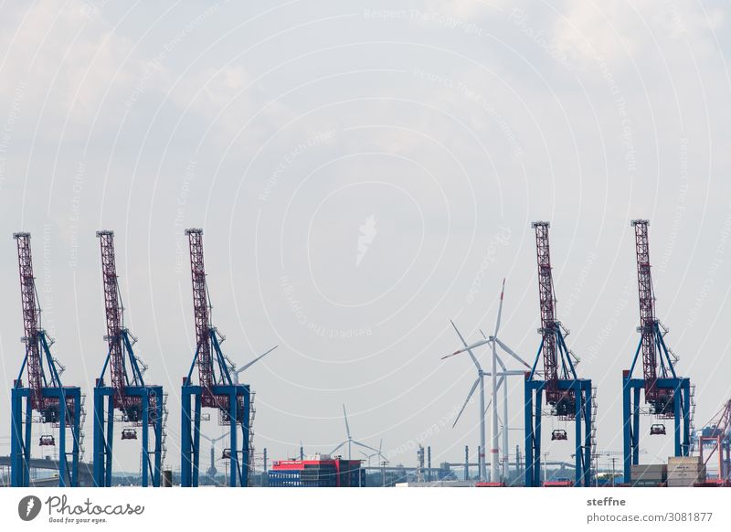 logistics Navigation Harbour Container Logistics Shipping Dockside crane Hamburg Port of Hamburg Wind energy plant Colour photo Exterior shot Copy Space top