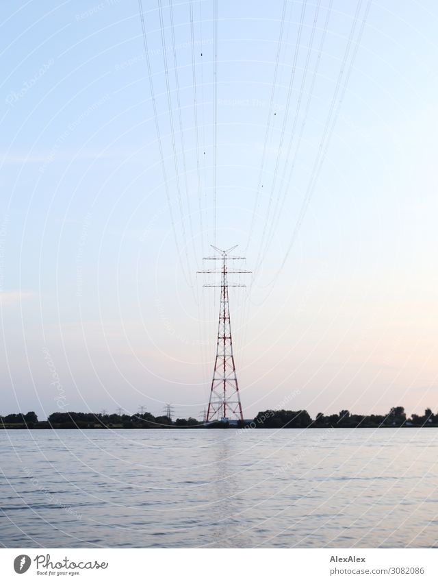 Power pole across the Elbe river Electricity pylon Grating River Horizon Environment Landscape Summer Beautiful weather Plant Inland navigation Network