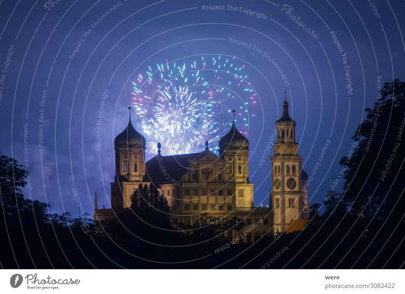 fireworks over the illuminated Augsburg Town Hall Event New Year's Eve City hall Tourist Attraction Landmark Monument Feasts & Celebrations Fantastic Blue