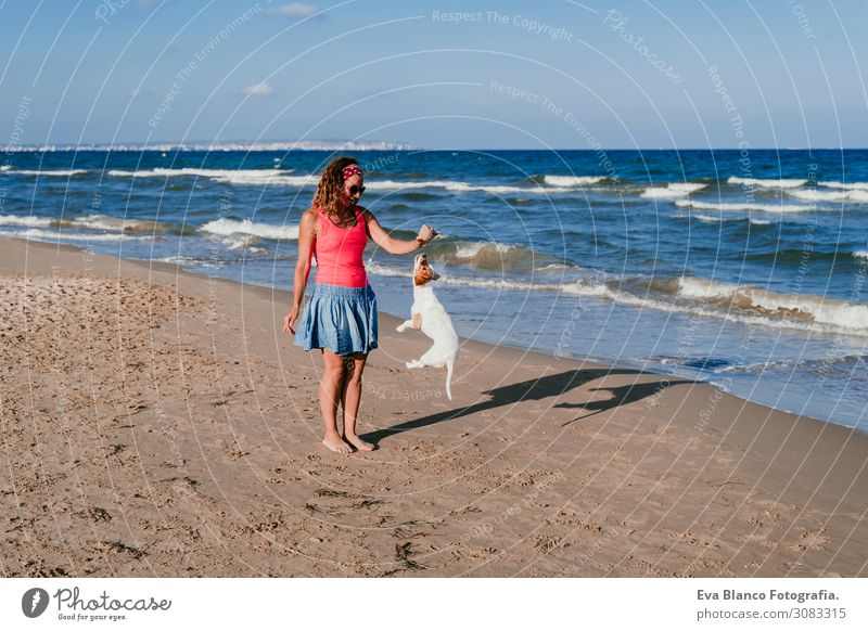 young woman and her cute small jack russell terrier playing at the beach with a tennis ball. Summer and holidays concept Youth (Young adults) Relaxation Blue