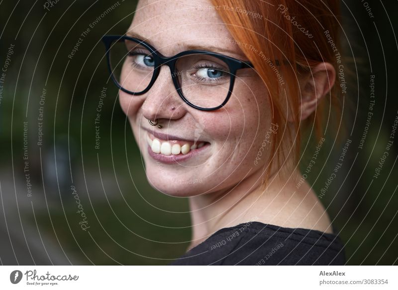 lateral portrait of a young woman with freckles and glasses Joy already Harmonious Young woman Youth (Young adults) Face Freckles 18 - 30 years Adults Summer