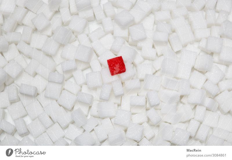 lump sugar Food Nutrition Illness Sweet Stack Harmful to health Symbols and metaphors Unhealthy Lump sugar Sugar White Red Side by side Studio shot Deserted