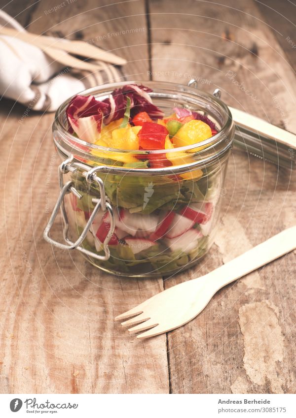 Tasty vegetarian salad in a jar Lettuce Salad Breakfast Lunch Organic produce Vegetarian diet Glass Healthy Eating Delicious Fitness appetizer bell pepper