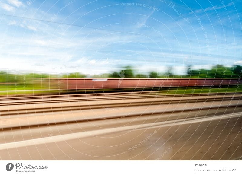 Motion blurred Logistics Nature Sky Clouds Beautiful weather Transport Rail transport Freight train Railroad tracks Driving Speed Movement Mobility