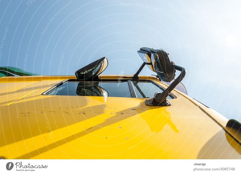 Brummi On the road again Cloudless sky Transport Means of transport Logistics Truck Yellow Date Deliver Colour photo Exterior shot Deserted Copy Space right