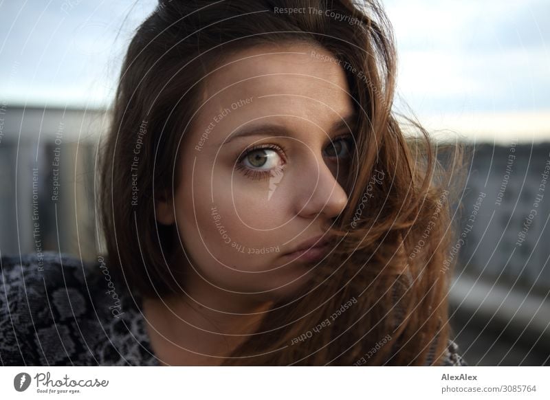 Portrait of a young woman on a roof Style Beautiful Life Young woman Youth (Young adults) Face 18 - 30 years Adults Summer Town Brunette Long-haired Looking