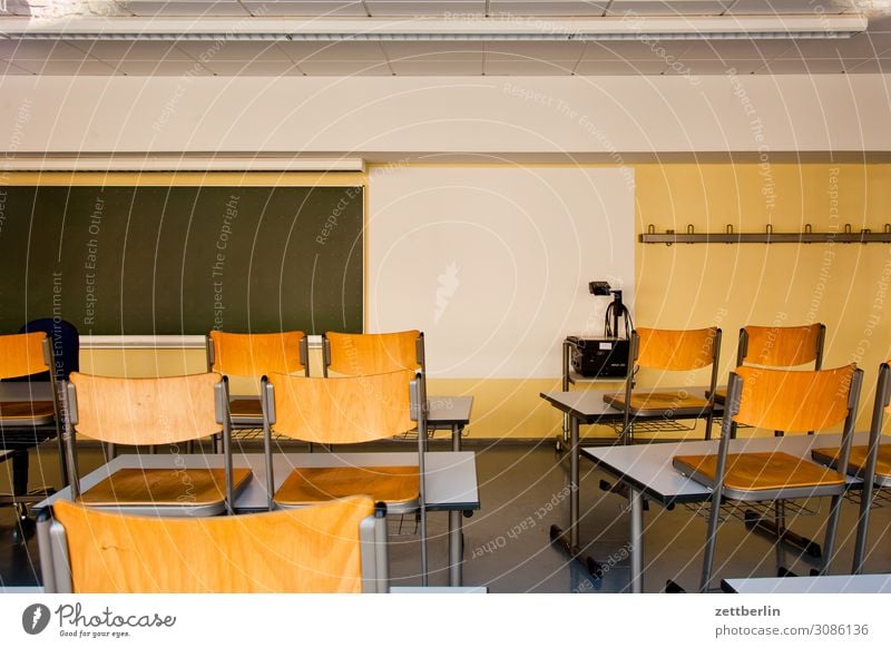 Empty classroom Education Detail Classroom Light Deserted School School building Town Copy Space Room Interior design Professional training Blackboard Table