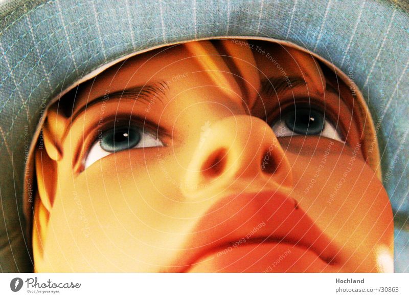 Doll blue sheltered Woman Lips Face Eyes Hair and hairstyles Hat Portrait photograph Face of a woman Woman`s mouth Woman's nose Women's eyes Partially visible