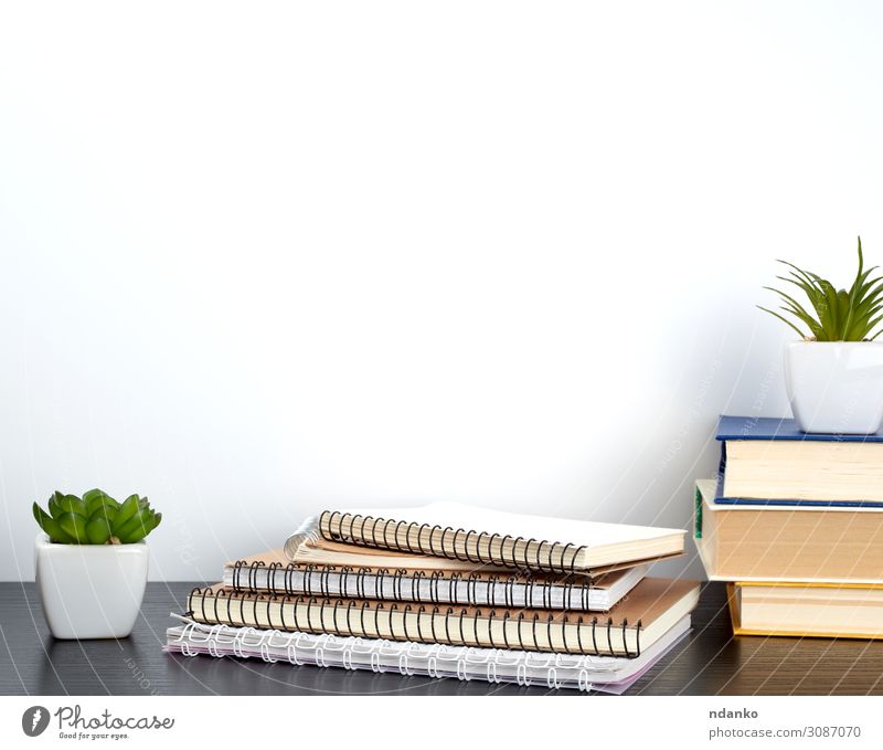 stack of spiral notebooks with white pages Pot Design House (Residential Structure) Decoration Table School Work and employment Workplace Office Business Plant