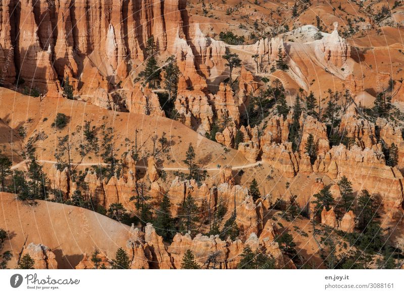 Hiking trails through eroded rock formations Adventure Wide angle Park Desert Tourism Erosion Hoodoos Rock formation Orange Stone Sky Landscape