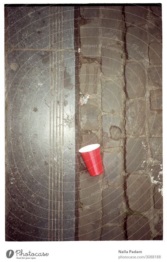 Red cup Brussels Belgium Europe Town Downtown Deserted Street Mug Plastic Line Disgust Gray Environment Environmental pollution Throw away throwaway society