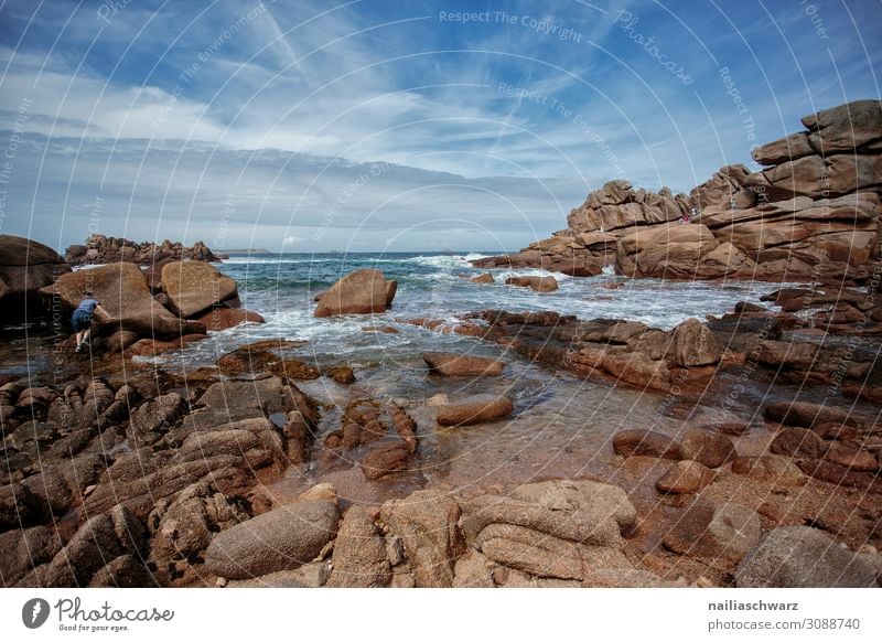 Pink Granite Coast Summer Beach Environment Nature Landscape Sand Air Water Sky Beautiful weather Rock Bay Ocean Atlantic Ocean France pink granite coast