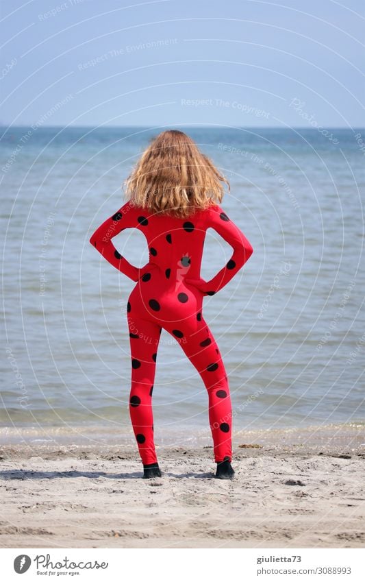 Cosplay Girl with Ladybug Jumpsuit Carnival Young woman Youth (Young adults) Life 1 Human being 8 - 13 years Child Infancy 13 - 18 years Cloudless sky Summer