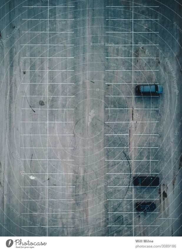 Three Cars in a Parking Lot Drone Aircraft Motor vehicle 3 Empty Minimal Line Parked lot Parking lot Structures and shapes Symmetry