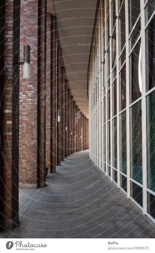 urban architecture Facade High-rise Arcade Building off Footpath Office Office complex reflection Economy real estate Abstract Perspective technique