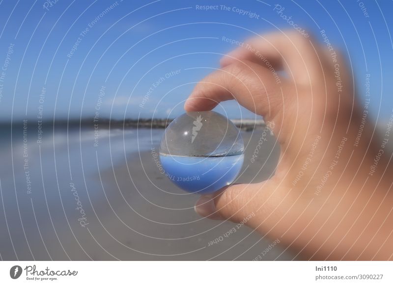 Beach by glass ball Nature Landscape Cloudless sky Horizon Summer Waves North Sea Island Magnifying glass Glass Blue Brown Black White Glass ball