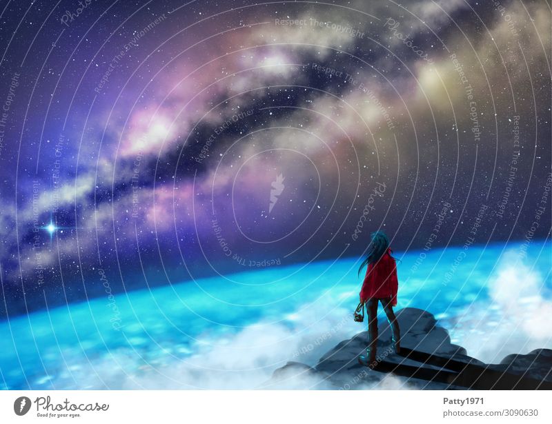 Young woman with camera standing on a rocky cliff and looking at the Milky Way. Illustration. Peak Night sky Milky way Sky Longing Wanderlust