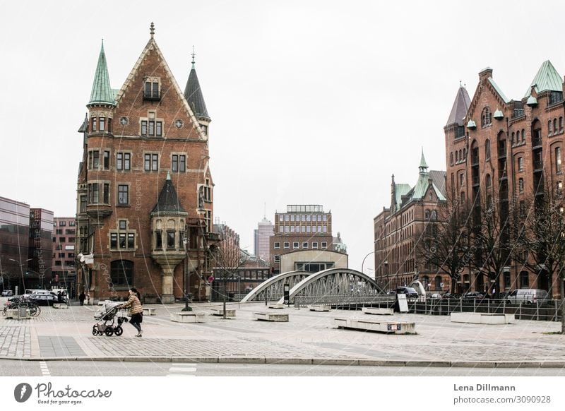 Hamburg houses Town Cities House (Residential Structure) Clouds rainy bridge Germany Northern Germany Street Landscape format Baby carriage Woman