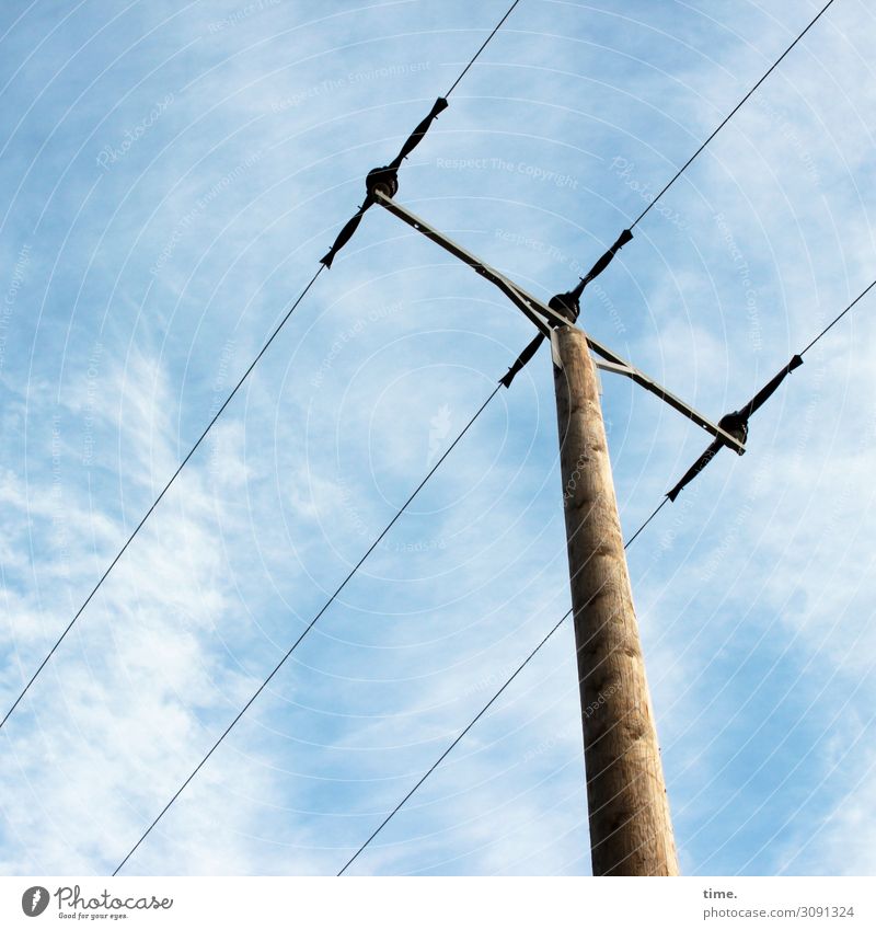 Cervical Spine Training (XV) Technology Energy industry Electricity pylon Transmission lines Overhead line Diagonal Sky Clouds Beautiful weather Wood Metal Line