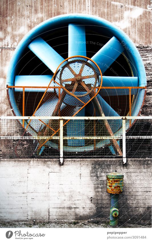blue fan Tourism Trip Factory Machinery Technology Duisburg Industrial plant Ruin Architecture Steel Sphere Line Old Blue Tradition Fan Rotor Ventilation Day